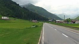 View back towards Hospental on the road to Andermatt, 1.1 miles into the ride